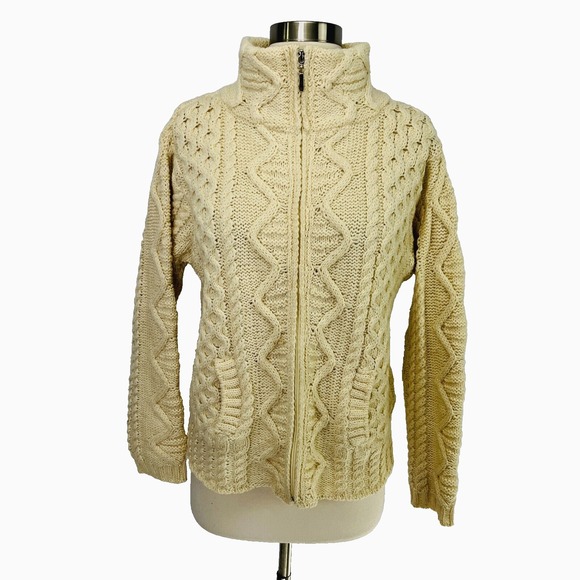 Aran Crafts Ivory Fisherman Sweater Full Zip Ireland *Fits Size Small* - Picture 3 of 12